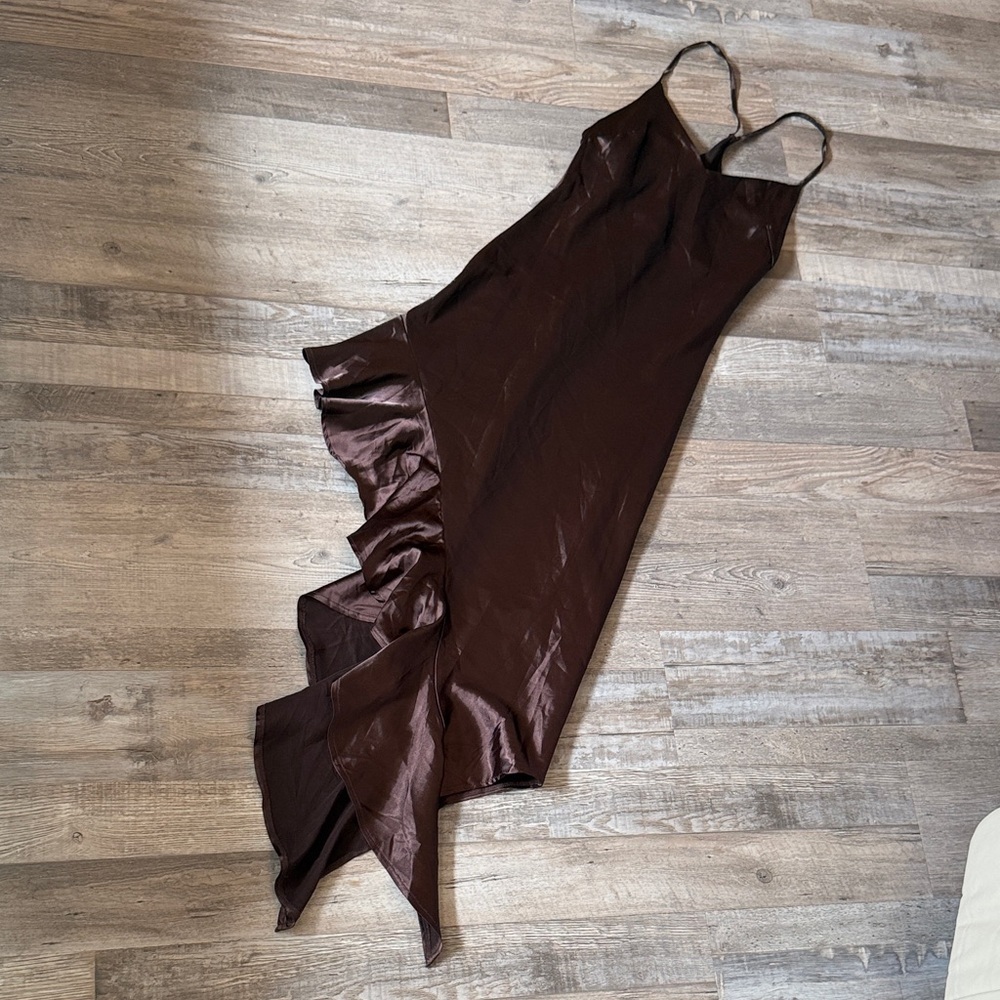SHEIN Elegant Brown Ruffle Slip Dress XS